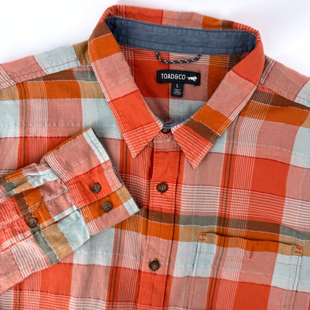 Toad&Co Long Cuba Libre Long Sleeve Shirt Orange Plaid Organic Cotton Button Up‎